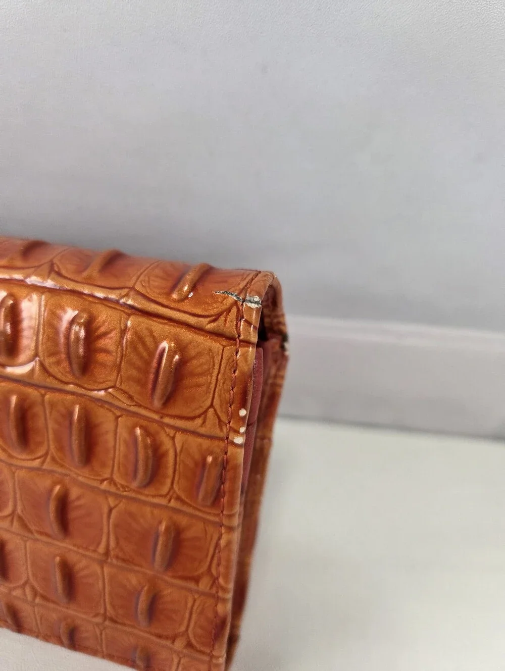 Vera Pelle Burnt Orange Croc Embossed Leather Kiss Lock Wallet